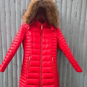 Kate Spade Red Down Puffer Coat Fur Hood Gold Zip Size M Winter Jacket